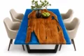 Wide Blue Epoxy Resin River Dining Table – Live Edge Solid Wood Dining Table