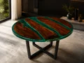 Round Green Epoxy Resin Coffee Table – Live Edge Solid Wood Center Table